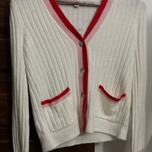 LOFT Cream Cardigan with Red and Pink Trim